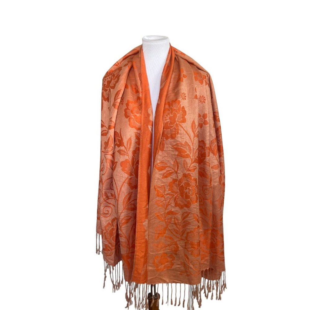 pashmina Orange Floral Jacquard Shawl Wrap with Fringe